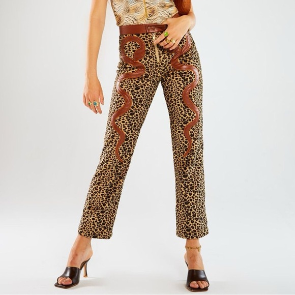 Jaded London Leopard Print Straight Leg Trouser With PU Snake Detail - Picture 2 of 7